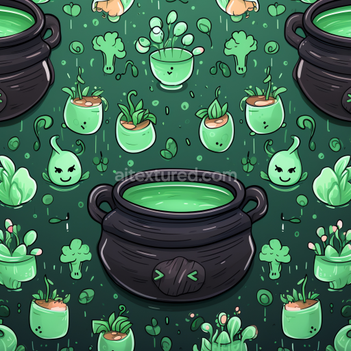Seamless 3D PBR Texture with Cartoon Cauldrons and Plants in Green Palette