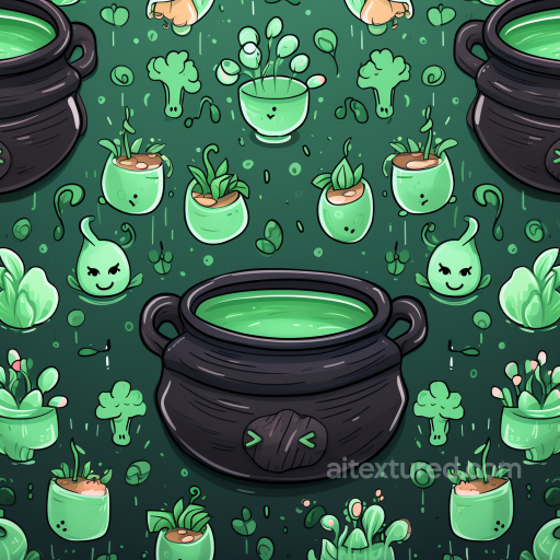 with Cartoon Cauldrons and Plants in Green Palette seamless St patrick digital paper bundle PBR texture