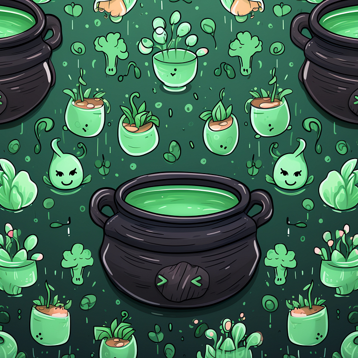 with Cartoon Cauldrons and Plants in Green Palette seamless PBR texture preview