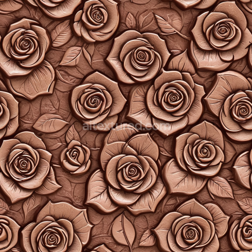 Seamless 3D PBR embossed floral leather texture in warm brown with detailed roses and leaves