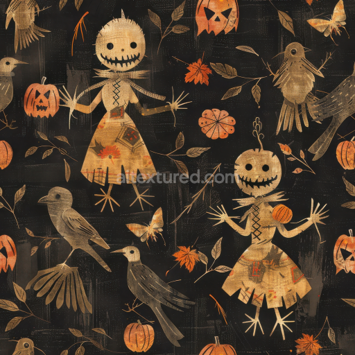 Seamless 3D PBR Vintage Halloween Fabric Texture Featuring Scarecrow and Pumpkin Motifs