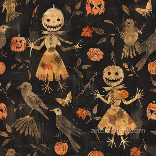 Vintage Halloween Fabric Texture Featuring Scarecrow and Pumpkin Motifs seamless Vintage Halloween PBR texture