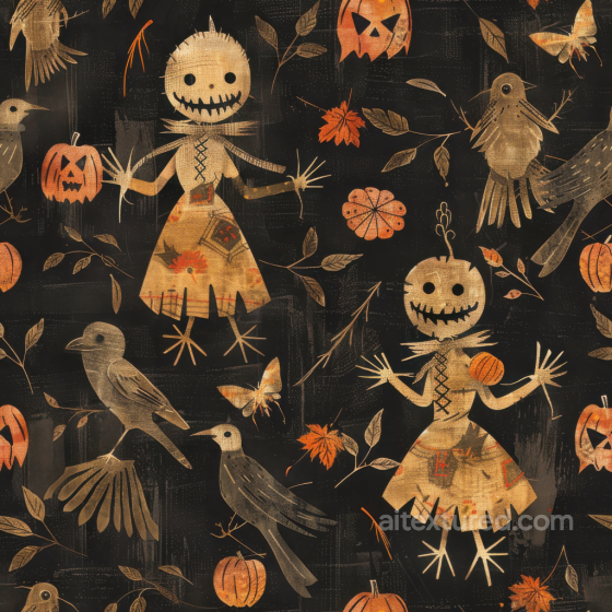 Vintage Halloween Fabric Texture Featuring Scarecrow and Pumpkin Motifs Vintage Halloween texture preview