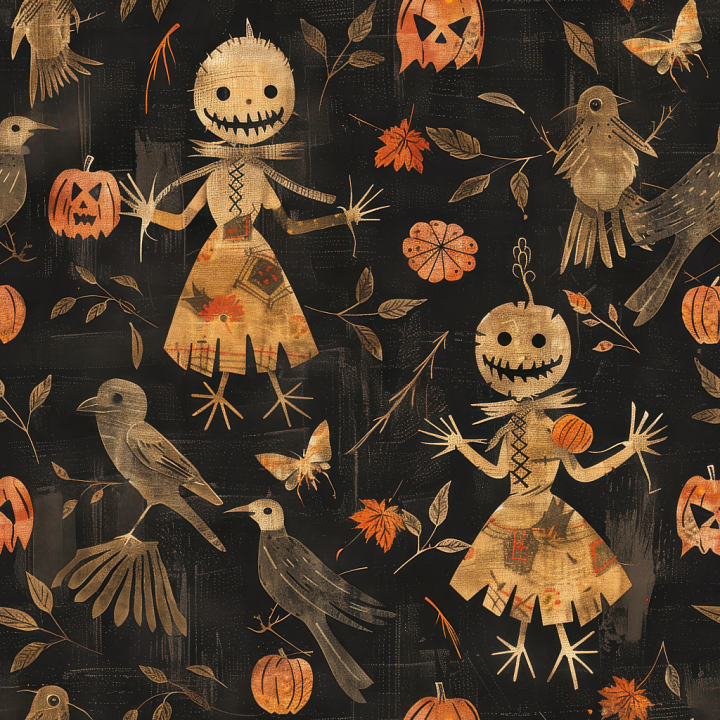 Vintage Halloween Fabric Featuring Scarecrow and Pumpkin Motifs seamless PBR texture preview