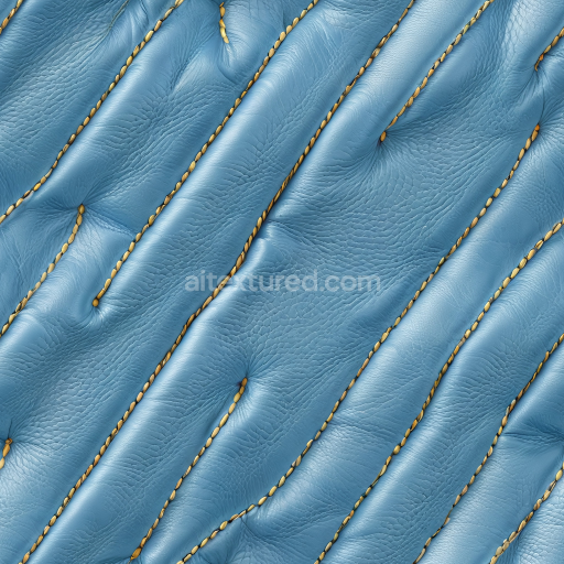 Seamless 3D Blue Quilted Leather PBR Texture Featuring Raised Panels and Yellow Stitching