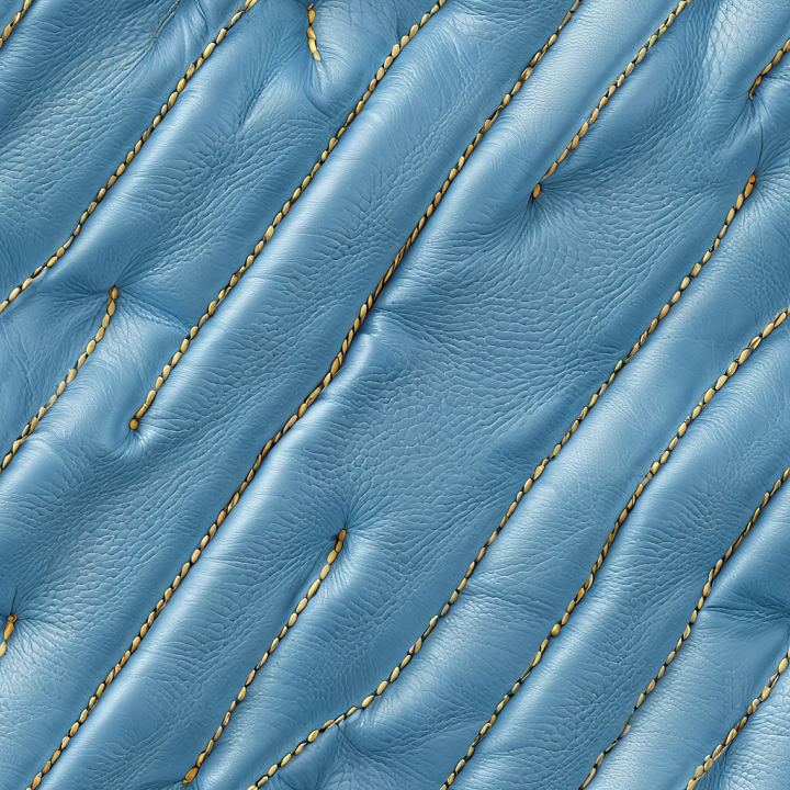 Blue Quilted Leather Featuring Raised Panels and Yellow Stitching seamless PBR texture preview