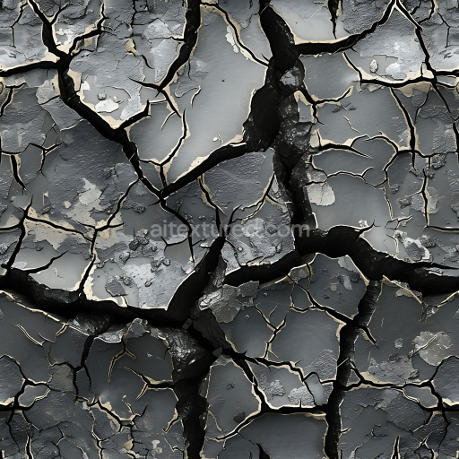Seamless 3D cracked and chipped dark paint PBR texture with deep fissures