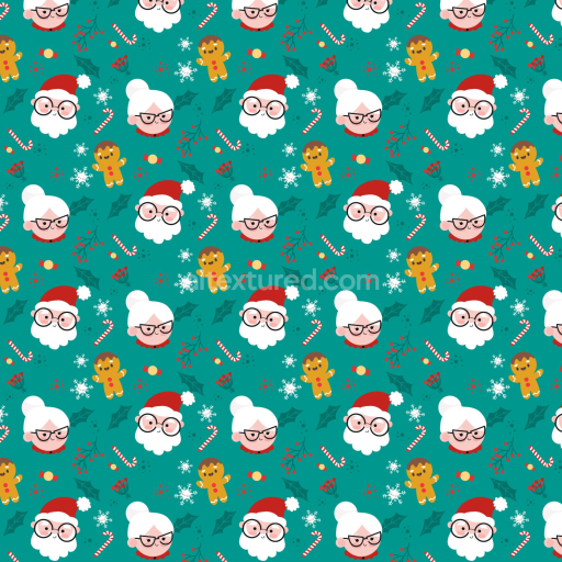 Seamless 3D PBR Christmas Digital Paper Texture with Santa, Mrs. Claus, and Gingerbread Pattern