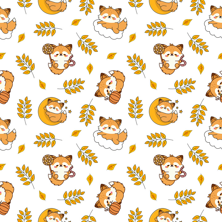Pattern Featuring Cute Cartoon Foxes and Autumn Leaves seamless PBR texture preview