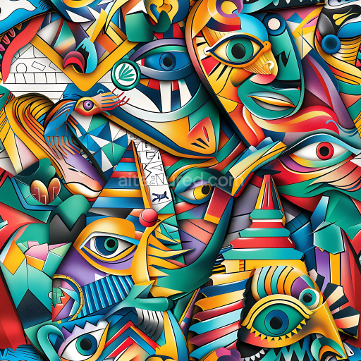 Seamless 3D PBR Texture Featuring Vibrant Abstract Faces and Shapes Graffiti Mural