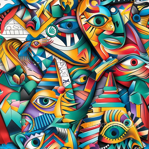 Seamless 3D PBR Texture Featuring Vibrant Abstract Faces and Shapes Graffiti Mural texture preview