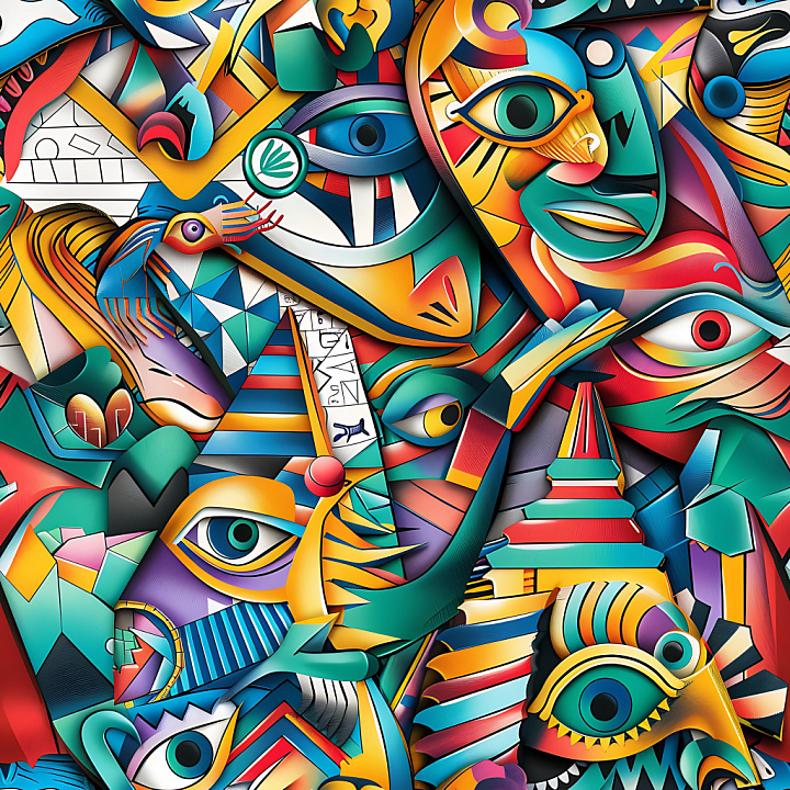 Featuring Vibrant Abstract Faces and Shapes Graffiti Mural seamless PBR texture preview