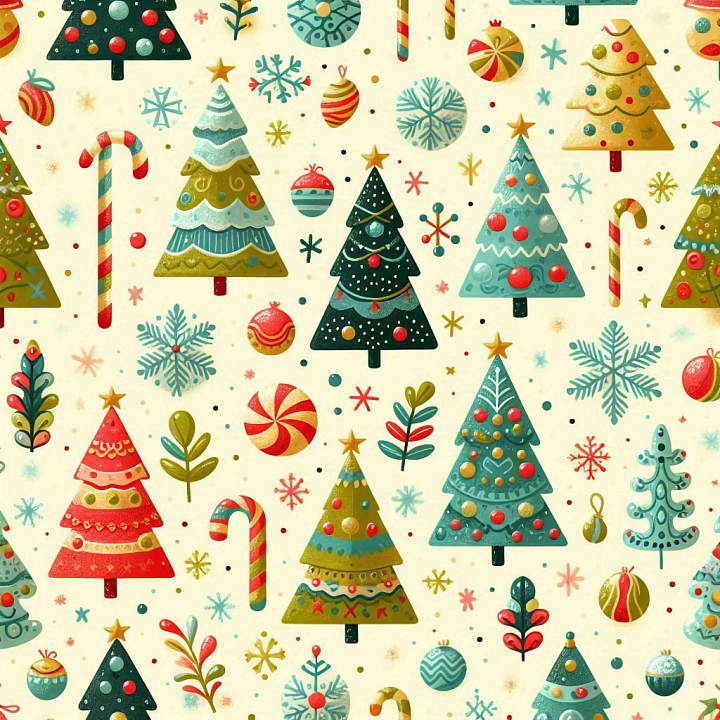 Featuring Colorful Festive Christmas Trees and Ornaments seamless PBR texture preview