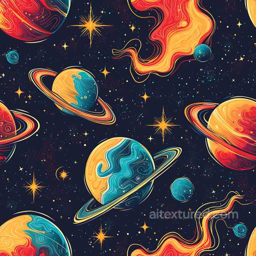 Space Texture Featuring Vibrant Sci-Fi Planets with Rings and Cosmic Flames seamless Star, space, planets PBR texture