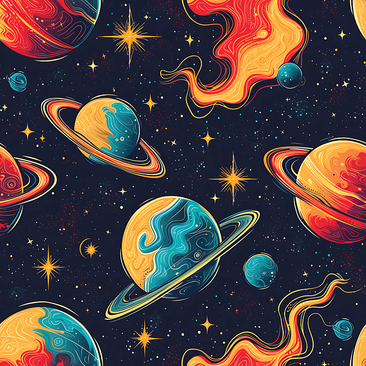 Space Featuring Vibrant Sci-Fi Planets with Rings and Cosmic Flames seamless PBR texture preview