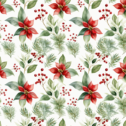 Seamless 3D PBR Watercolor Christmas Floral Texture with Red Poinsettias and Greenery