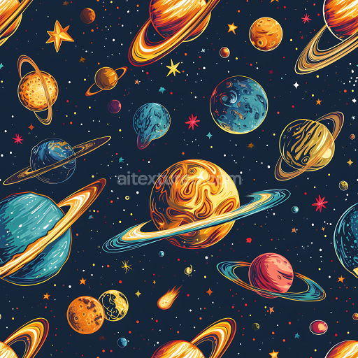 Seamless 3D PBR Space Texture Featuring Retro Stylized Planets & Starfield