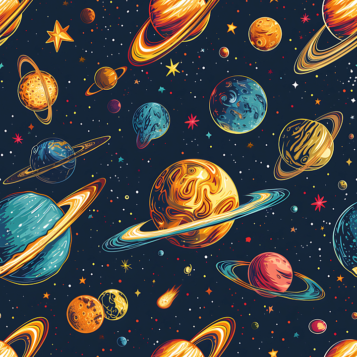 Space Featuring Retro Stylized Planets & Starfield seamless PBR texture preview
