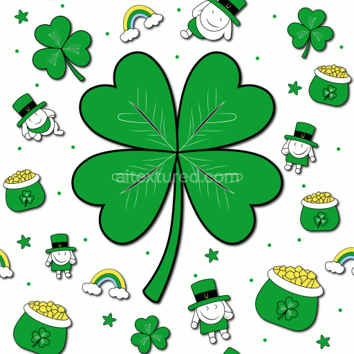 Seamless 3D PBR Texture Featuring Playful St Patrick Clover and Leprechaun Motifs