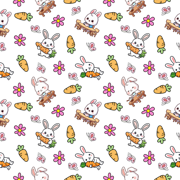 Pattern Featuring Cute Bunny Motifs with Carrots and Flowers seamless PBR texture preview