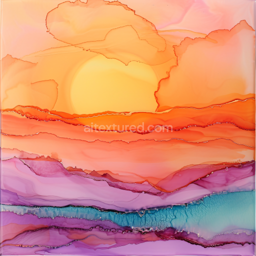 Seamless 3D Alcohol Ink PBR Texture Featuring Vibrant Sunset Waves and Fluid Color Transitions