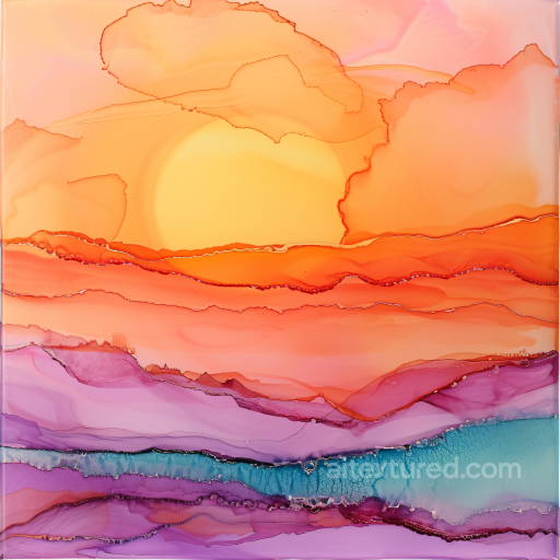Alcohol Ink PBR Texture Featuring Vibrant Sunset Waves and Fluid Color Transitions seamless Alcohol ink PBR texture