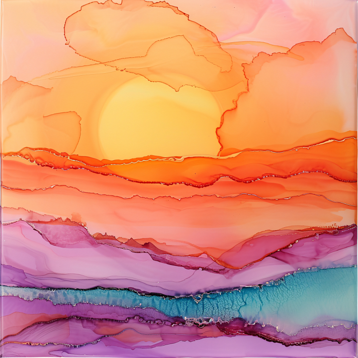 Alcohol Ink Featuring Vibrant Sunset Waves and Fluid Color Transitions seamless PBR texture preview