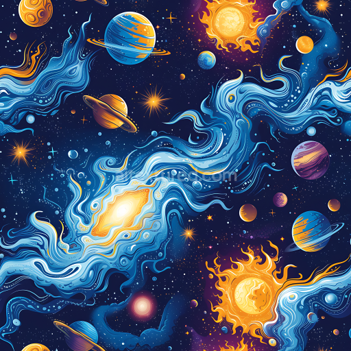 Seamless 3D PBR Texture Featuring Stylized Cosmic Nebula, Planets & Starfield