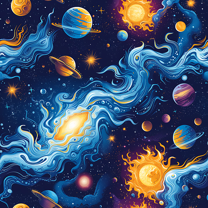 Featuring Stylized Cosmic Nebula, Planets & Starfield seamless PBR texture preview
