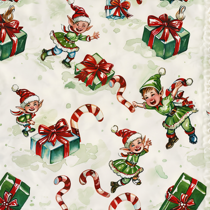 Christmas Watercolor Featuring Playful Elves and Festive Gifts seamless PBR texture preview