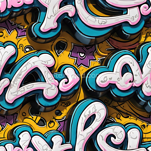Seamless 3D PBR Texture Featuring Bold Colorful Graffiti Tags on Yellow Background