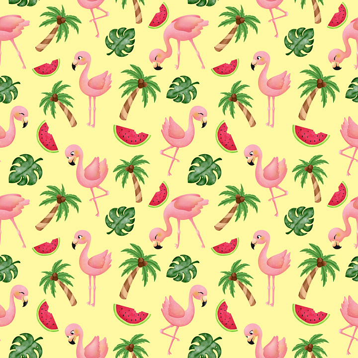 Pattern with Playful Flamingo, Palm Tree & Watermelon Motifs seamless PBR texture preview