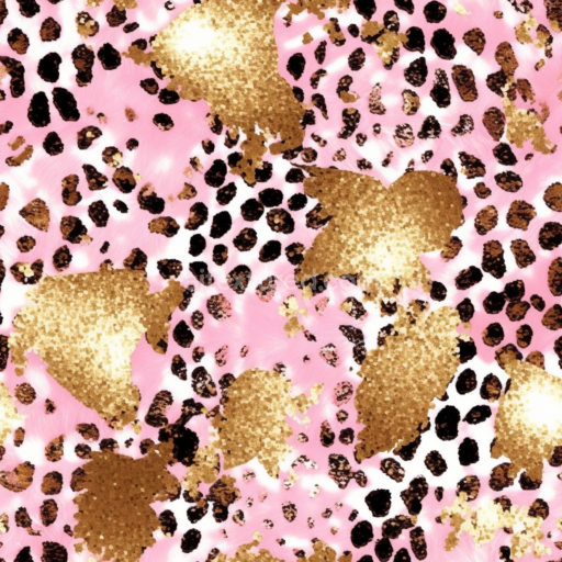 Seamless 3D PBR Texture of Pink Glittery Leopard Print Fabric with Gold Accents