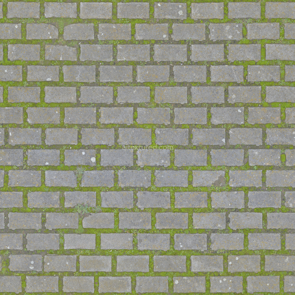 Seamless paving stones PBR texture with moss and weathered look