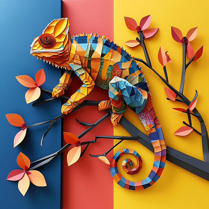 Featuring Origami-Inspired Chameleon Pattern in Bold Colors seamless PBR texture preview