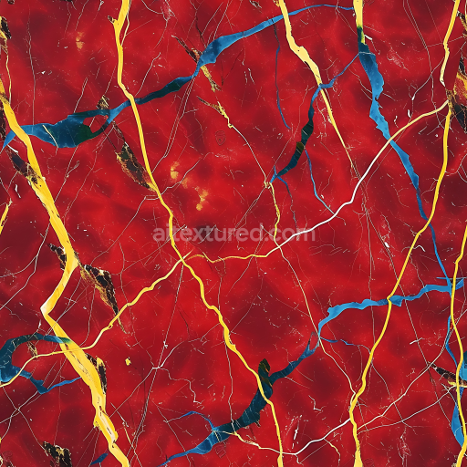Seamless 3D PBR Glossy Red Marble Texture with Blue and Yellow Vein Swirls