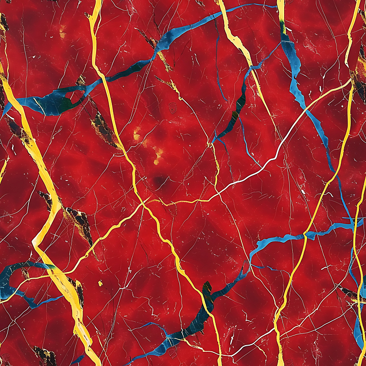 Glossy Red Marble with Blue and Yellow Vein Swirls seamless PBR texture preview