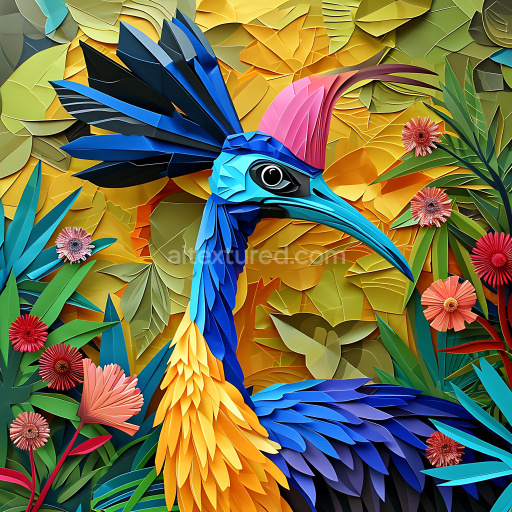 Seamless 3D PBR Texture of Colorful Origami Cassowary Feathers and Leaves