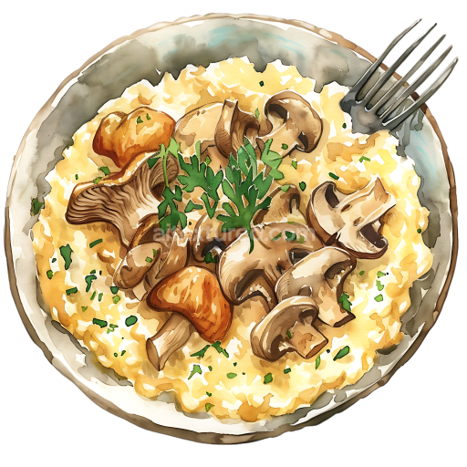 Breakfast Mushroom Risotto Illustration with Fresh Herbs in Watercolor Style