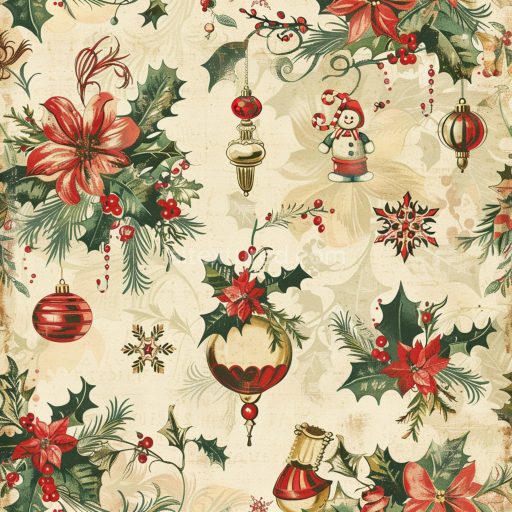 Seamless 3D PBR Texture of Vintage Christmas Floral and Ornament Pattern