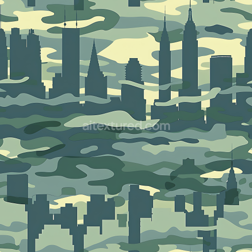 Seamless 3D Urban Skyline Camouflage PBR Texture with Cityscape Silhouettes and Organic Camo Shapes