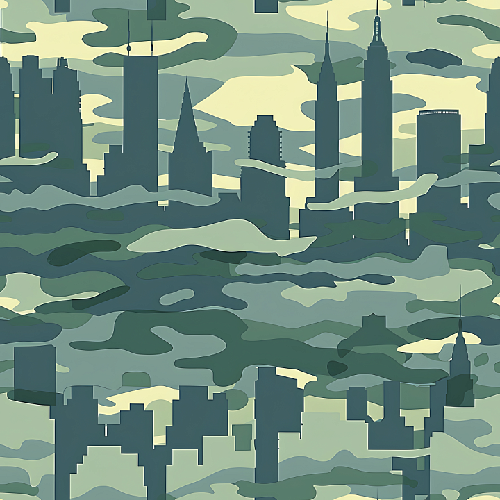Urban Skyline Camouflage with Cityscape Silhouettes and Organic Camo Sh… seamless PBR texture preview