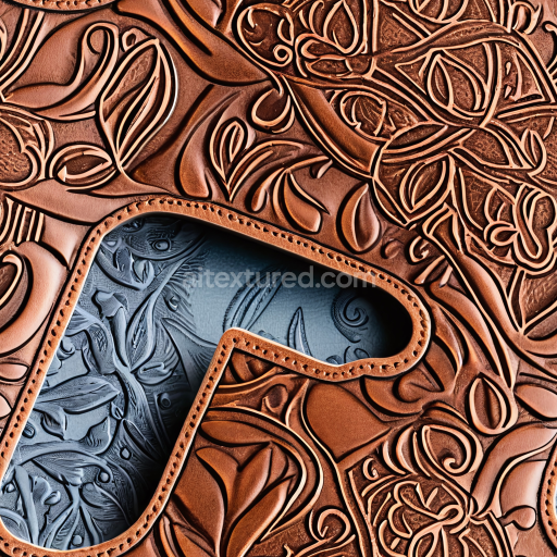 Seamless 3D Embossed Tooled Brown Leather PBR Texture with Intricate Floral Patterns
