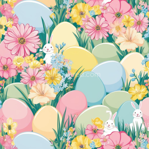 Seamless 3D PBR Texture of Pastel Easter Eggs with Spring Flowers and Bunnies
