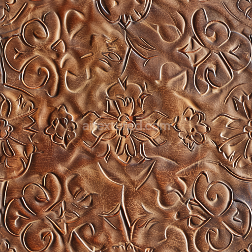 Seamless 3D Embossed Brown Leather PBR Texture with Floral and Swirl Patterns