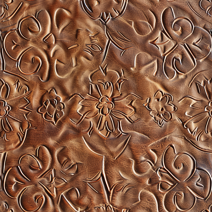 Embossed Brown Leather with Floral and Swirl Patterns seamless PBR texture preview