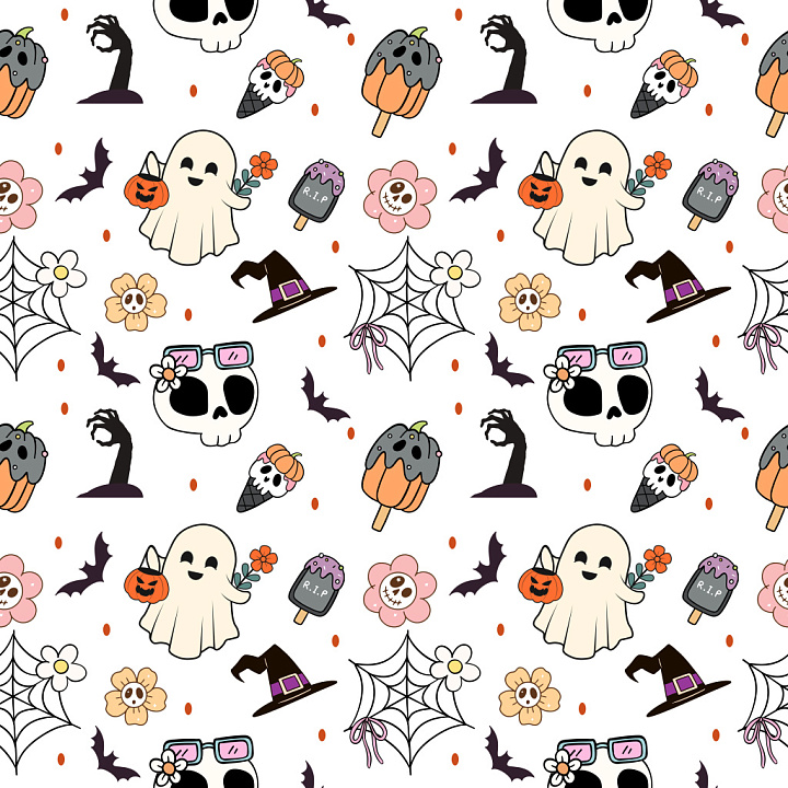 Halloween Pattern Featuring Whimsical Spooky Motifs in Pastel Col… seamless PBR texture preview