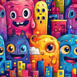 seamless Seamless 3D PBR texture of vibrant cartoon-style graffiti characters with urban cityscape texture 8k free download PBR