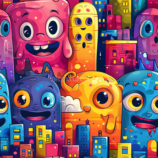 Seamless 3D PBR texture of vibrant cartoon-style graffiti characters with urban cityscape