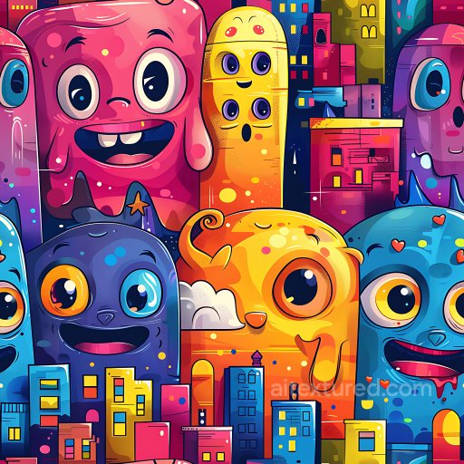 Seamless 3D PBR texture of vibrant cartoon-style graffiti characters with urban cityscape texture preview